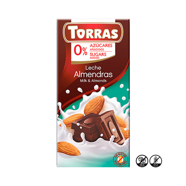 Barra de Chocolate de Leche con Almendras, sin Azúcar Añadida y sin Gluten, 75 g