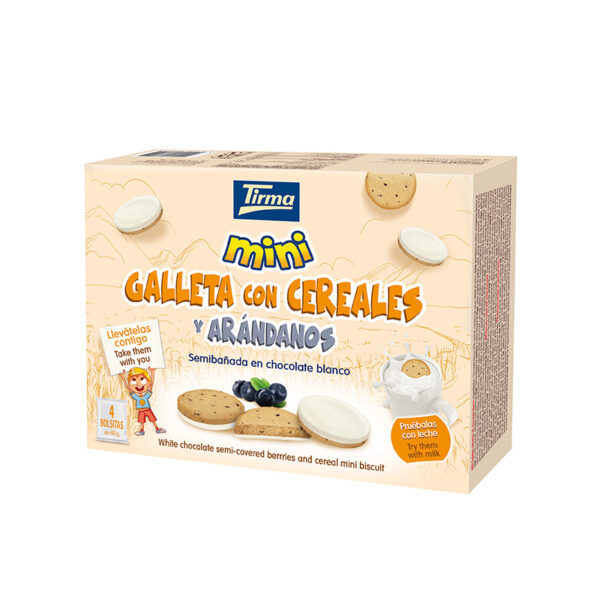 Minigalletas Semi-cubiertas de Chocolate Blanco con Cereales y Arándanos